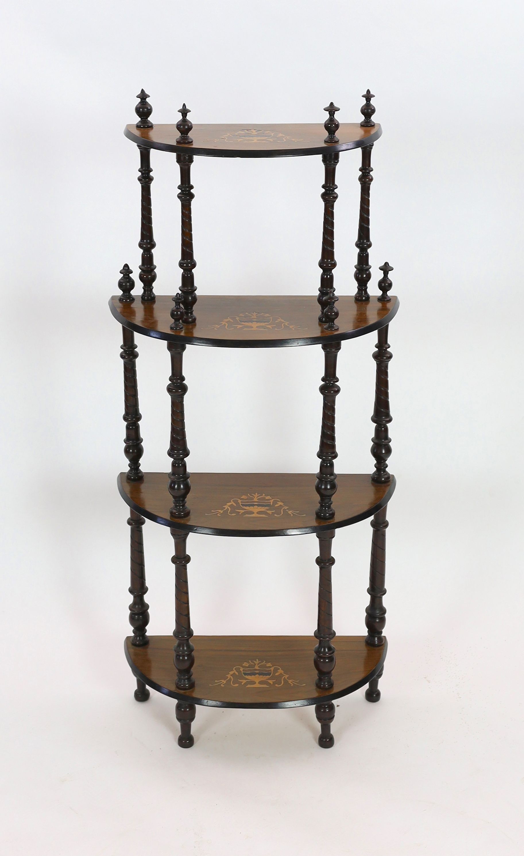 A late Victorian inlaid walnut D shaped four tier whatnot, width 59cm depth 28cm height 129cm